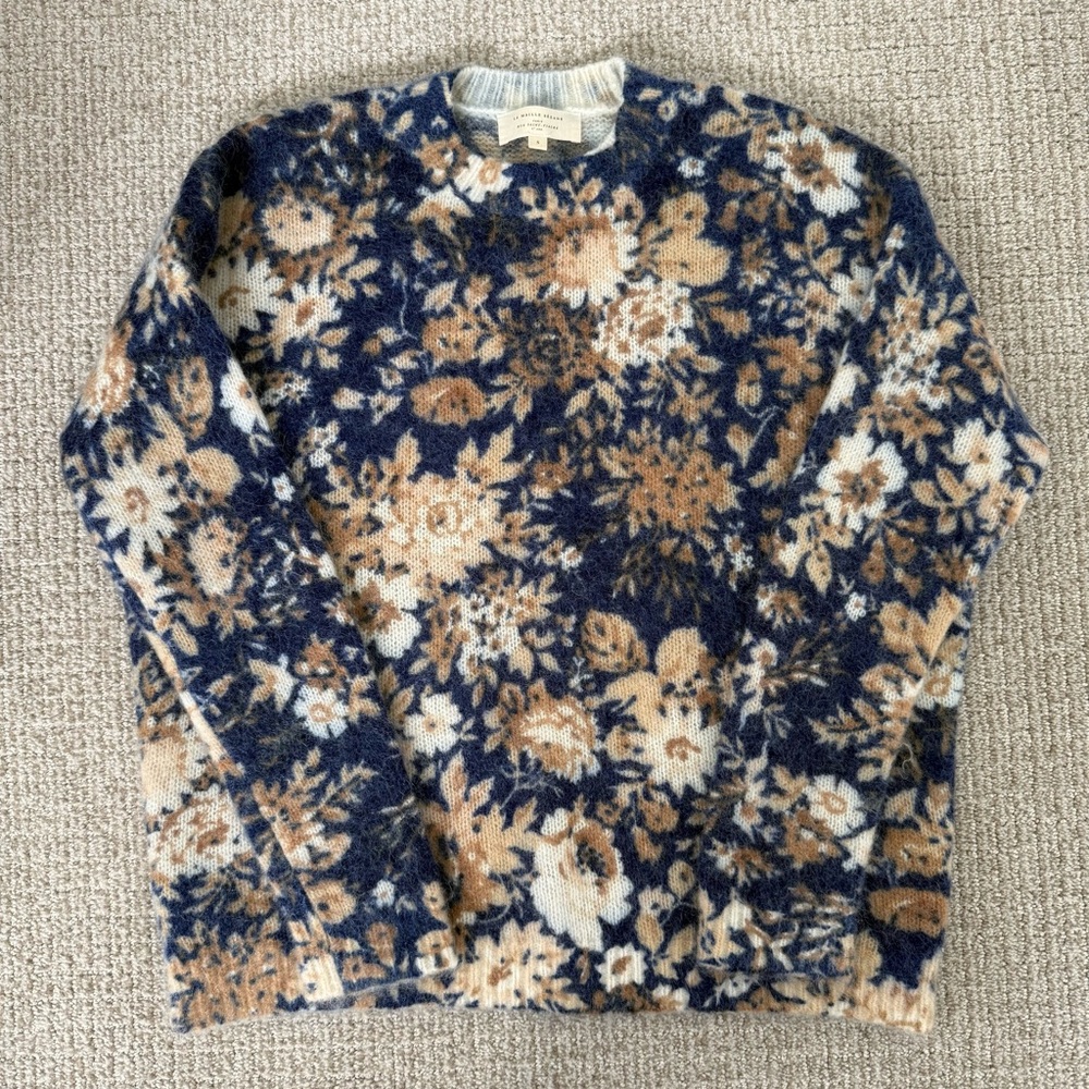 Sezane Blue and Cream Floral Crewneck Sweater - Picture 3 of 9